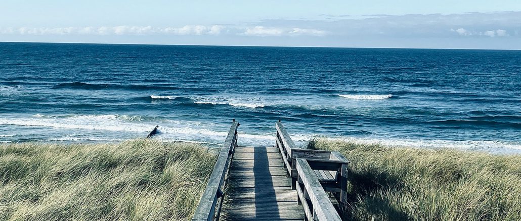 Holzsteg durch Dünengras zum Strand auf Sylt, dahinter die weite Nordsee unter klarem Himmel.»